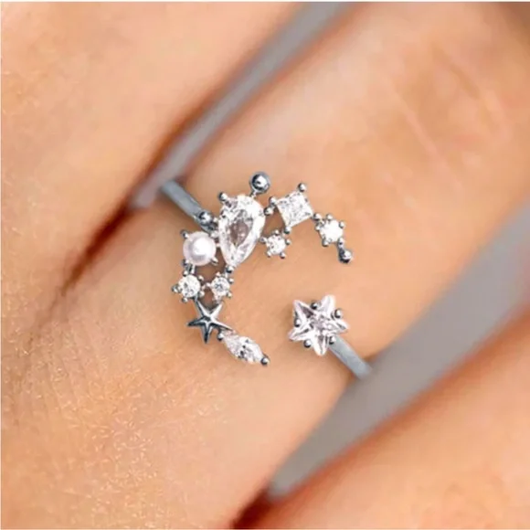 -Luxurious Open design  celestial themed Cz Diamond & Pearl moon Ring - Picture 7 of 15